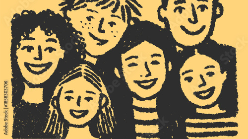 Group of smiling faces in a simple illustration. Black and yellow vector art captures happy expressions in a modern graphic style.