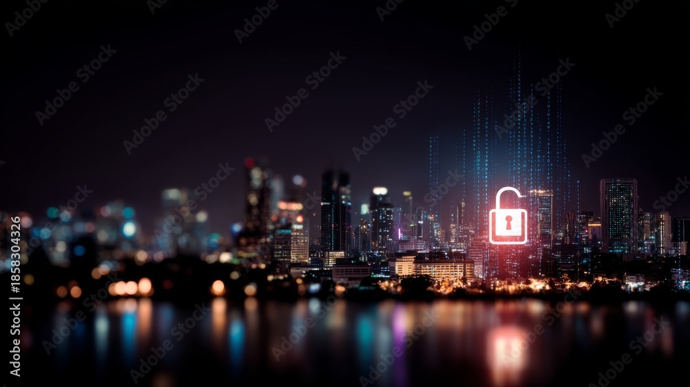 Fototapeta premium Digital padlock cybersecurity interface over futuristic cityscape representing data protection, secure networks, and advanced technology in urban environments