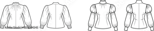 A Professional Fashion Design Set Showcasing Front and Back Technical Flats for Two Variations of Long-Sleeve Mock Neck Blouses with Distinct Puff Sleeve Silhouettes.