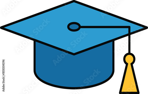 A Clean and Bold Graphic Illustration of a Blue Mortarboard Graduation Cap Featuring a Distinct Yellow Tassel for Academic Branding.