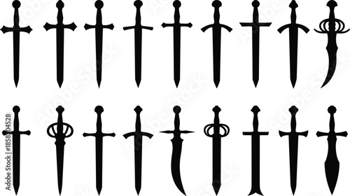 Medieval sword silhouettes set showing different dagger and blade designs isolated on white background fantasy weapon vector illustration collection