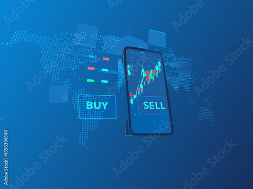 Mobile trading platform displaying stock market data and global financial network