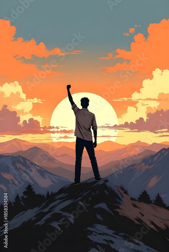 Silhouette of a Triumphant Man Standing on a Mountain Peak at Sunset - Concept of Achievement and Success