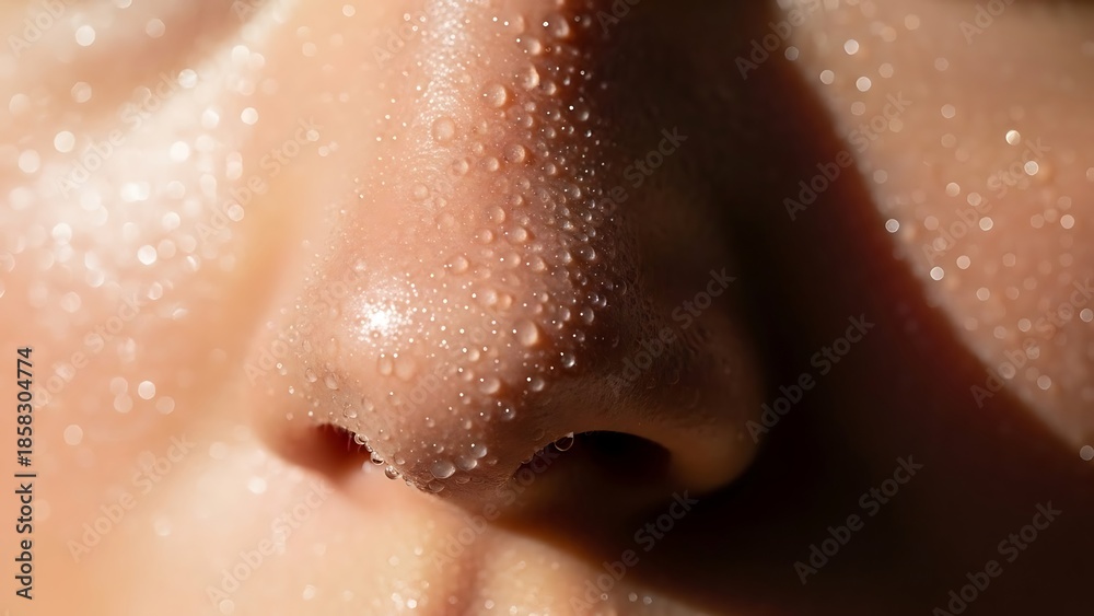 Fototapeta premium Extreme Close-up of Human Nose and Face with Sweat or Water Droplets on Moist, Healthy Skin