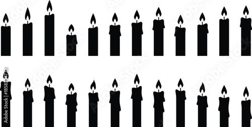 Candle silhouette collection showing burning wax candles with flames isolated on white background decorative light vector illustration set design elements