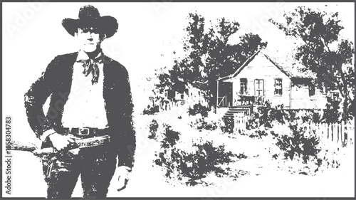 Cowboy character with a gun in a vintage western scene. Black and white vector illustration featuring a house and outdoor landscape.