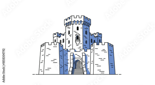 Simple blue and white illustration of a medieval stone castle with tall towers and a central fortified gate on a white background.
