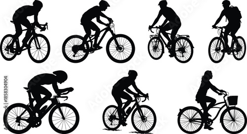 Cycling silhouette set showing road bike mountain bike commuter riders isolated on white background sport transportation vector illustration collection