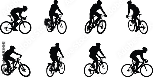 Cyclist silhouette poses set showing road biking mountain cycling commuters isolated on white background sport transportation vector illustration collection