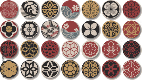 A Comprehensive Set of 28 Circular Emblems Showcasing Bold Japanese Botanical Crests, Geometric Interlocking Patterns, and Stylized Floral Motifs in Crimson, Gold, and Black