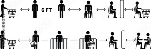 Social distancing and public safety guideline icon set, keep six feet distance, pandemic prevention symbols for shopping centers