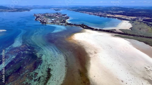Aerial summer view of Ermatingen showing extreme drought and low water levels on Lake Constance