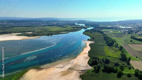 Aerial summer view of Ermatingen showing extreme drought and low water levels on Lake Constance