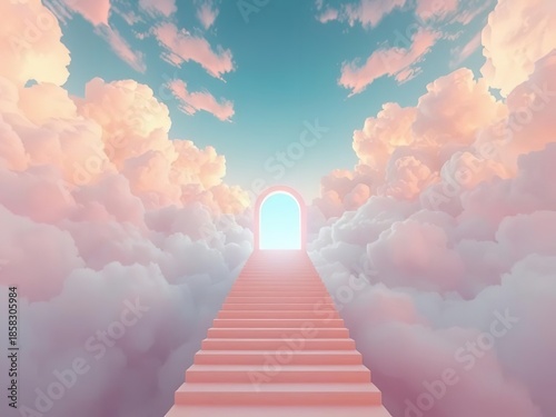 A serene staircase leads to a bright doorway in the clouds