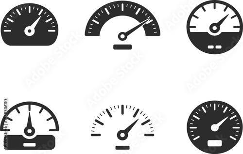 Speedometer and performance gauge vector icon set, dashboard acceleration symbols, fast internet speed and tachometer elements for web