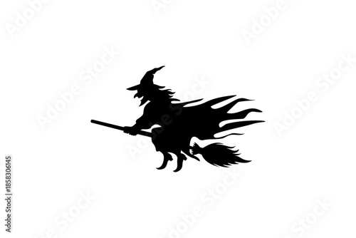 silhouette of witch woman with flying broomstick