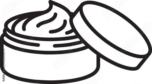 Black and white line art icon of an open cream jar