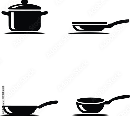 black silhouettes of four kitchen pots and pans