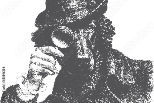 Dog with a magnifying glass in vintage style. Black and white vector illustration of a detective character featuring a whimsical hat and classic details.