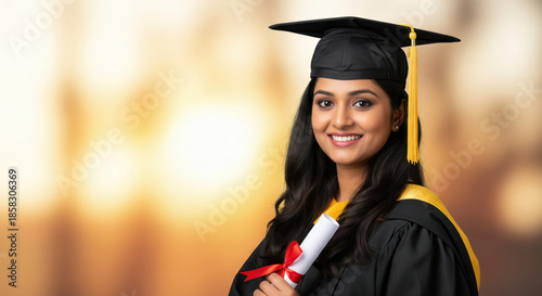 A young indian teenage female graduate student wearing a black graduation gown and mortarboard with a yellow tassel holding a diploma against a warm sunset bokeh background with copy space