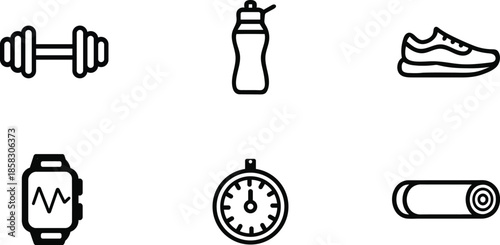 fitness icons with dumbbell water bottle shoe watch stopwatch and yoga mat