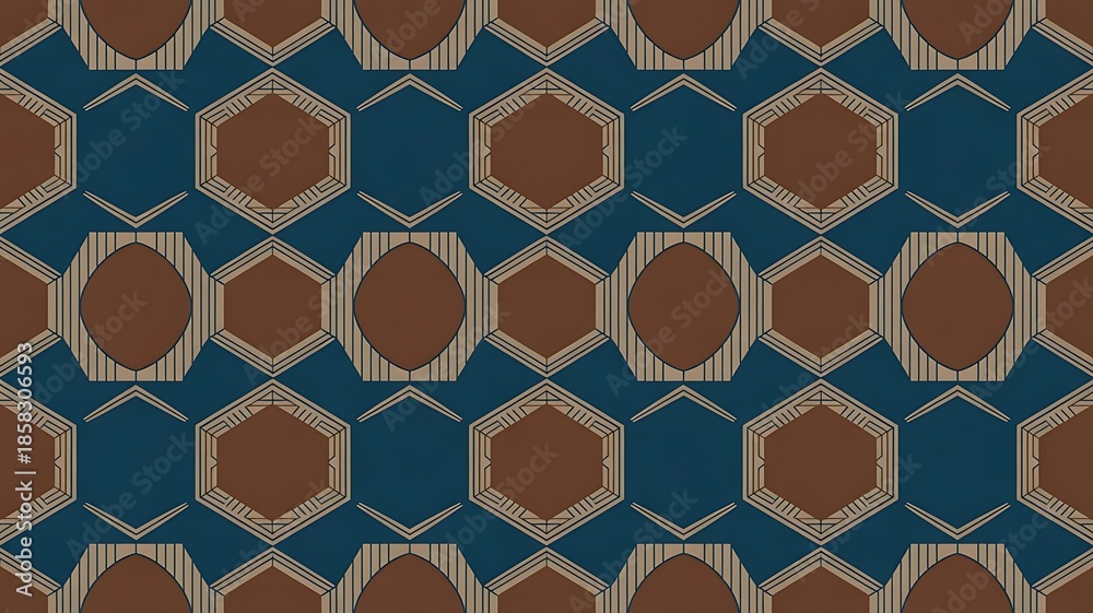Fototapeta premium A seamless geometric pattern with brown and blue hexagons and interlocking shapes