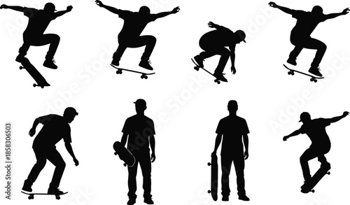 Black Silhouettes of Skateboarders Performing Tricks and Jumps Set of Vector Icons for Extreme Sports Lifestyle and Urban Youth Street Culture