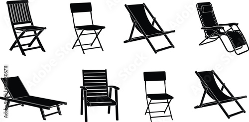 Set of Realistic Folding Chair Silhouettes Including Deck Chairs Sun Loungers and Patio Furniture Isolated on White Background for Outdoor Garden Relaxation Design
