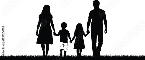 Silhouette of a Happy Family with Two Children Holding Hands and Walking on Grass Field Isolated on White Background for Summer Vacation Concept