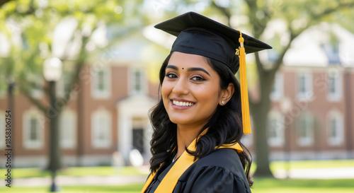 A young indian teenage female graduate student wearing a black graduation gown and mortarboard with a yellow tassel smiling on a blurred university campus background with brick buildings and green tre