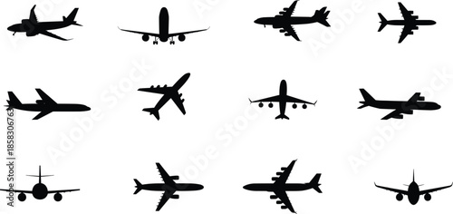 Airplane silhouette illustration set aircraft aviation transport passenger jet flying travel black isolated design collection