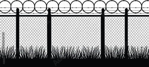 Barbed wire chain link fence silhouette illustration security perimeter boundary protection prison military restricted area black isolated design