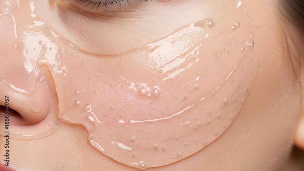 Fototapeta premium Close-up of a woman's face with a translucent pink gel facial mask featuring exfoliating beads for advanced skincare and beauty treatment
