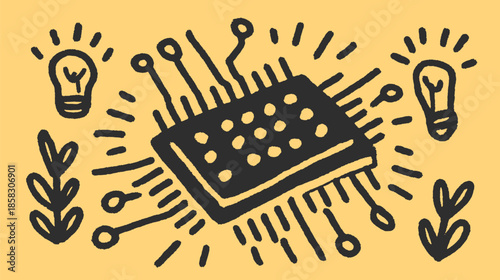 Technology illustration featuring a lightbulb and circuit design. Colorful vector art set with simple and modern elements.