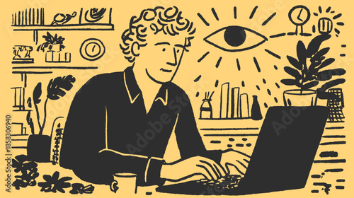 Man working on a laptop at a desk. Simple vector illustration featuring a cozy workspace with plants and personal items.