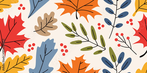 A colorful autumn pattern featuring leaves berries and delicate foliage