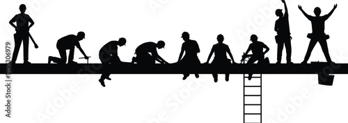 Construction workers teamwork silhouette illustration set builders working on beam ladder industrial labor safety black isolated design