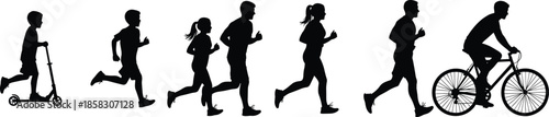 Active Lifestyle Silhouette Set Featuring People Running Jogging Cycling and Riding Scooter for Fitness Sports Health and Outdoor Exercise Vector Illustration