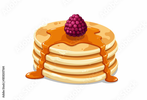 Delicious Stack of Pancakes Drizzled with Sweet Maple Syrup and Topped with a Fresh Raspberry on a White Background