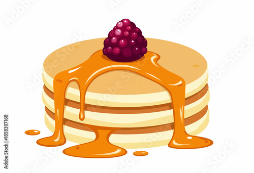 Delicious Stack of Pancakes with Syrup Drizzle Topped with a Single Fresh Juicy Raspberry Fruit on Crisp White Background