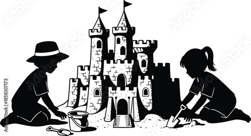 Black and White Silhouette of a Boy and Girl Building a Detailed Sandcastle on the Beach for Summer Vacation and Childhood Play Concepts