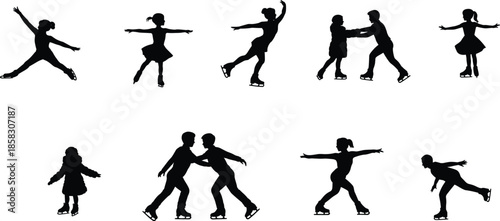 Figure skating children silhouette illustration set ice skating sport training performance winter activity black isolated design collection