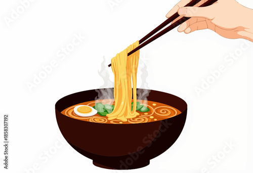 Hand Holding Chopsticks Lifting Steaming Noodles from a Richly Garnished Bowl of Ramen Soup with Egg and Vegetables on a Plain White Background