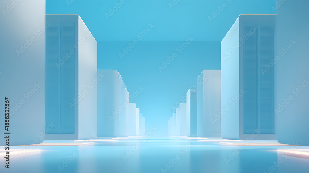 Fototapeta premium Futuristic data center architecture virtual reality 3d rendering blue environment minimalist view