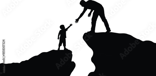 Black Silhouette of a Man Reaching Out to Help a Child Across a Mountain Gap Representing Teamwork Support Mentorship and Overcoming Obstacles