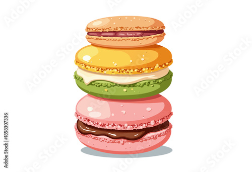 A vibrant stack of colorful macarons showcasing different fillings and playful textures against a minimalist background