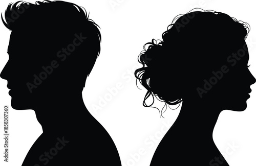Man and woman profile silhouette illustration face side view gender identity relationship contrast black isolated design concept