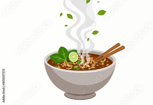 Illustration of a Steaming Bowl of Noodle Soup with Chopsticks and Fresh Greens, Lime Slice, and Herbs on a Minimalistic White Background