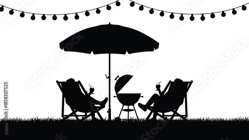 Black silhouette vector illustration of a couple relaxing in deck chairs under a sun umbrella with a barbecue grill and lights.