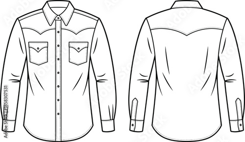 Men western shirt fashion technical drawing front back view long sleeve snap button yoke pocket apparel illustration vector outline
